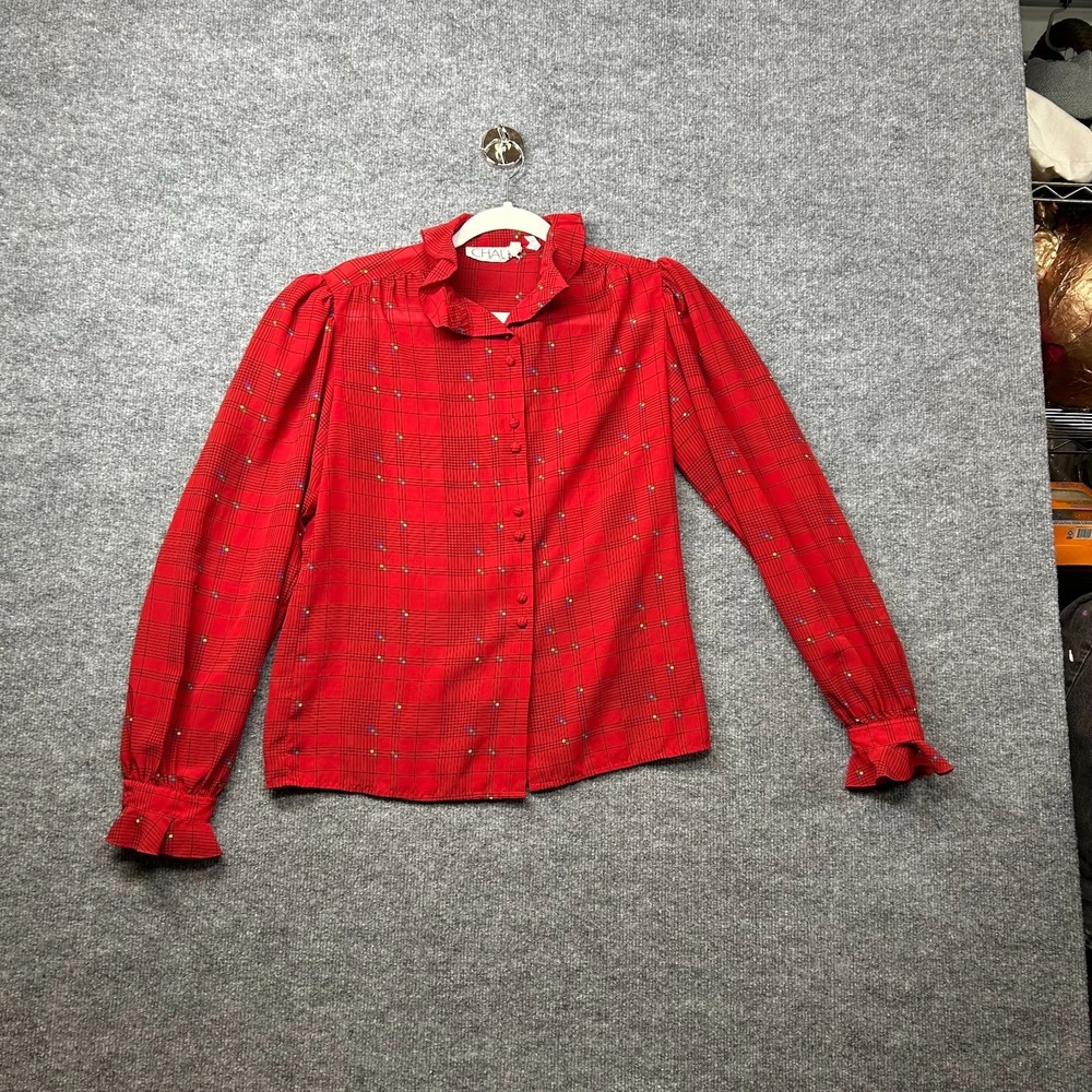 Vintage Chal Button-Up Blouse Women Red Small Decorative Spots Plaid Pattern Top